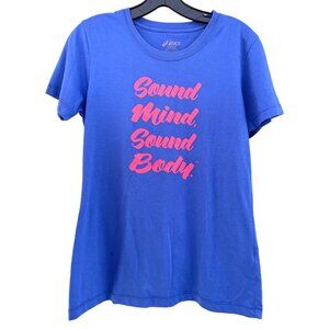 Asics Women's medium M Blue T-Shirt With Pink "Sound Mind Sound Body" Print
